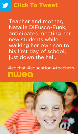 Tweet：老师和母亲，娜塔莉Difusco-Funk（@ Ndf81），预计将她的新生遇见她的儿子，在他的第一天学校，就在大厅里。https://ctt.ec/xtbkc+ #edchat #education #teachers