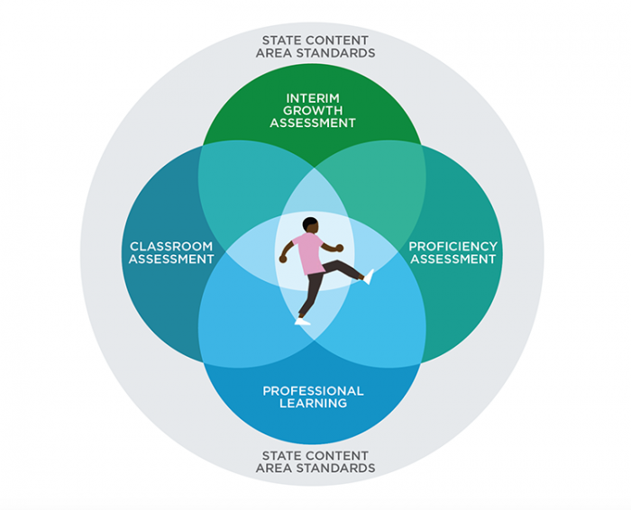 Circular graphics with person in center, surrounded by Interim Growth Assessment, Proficiency Assessment, Classroom Assessment, and Professional Learning.